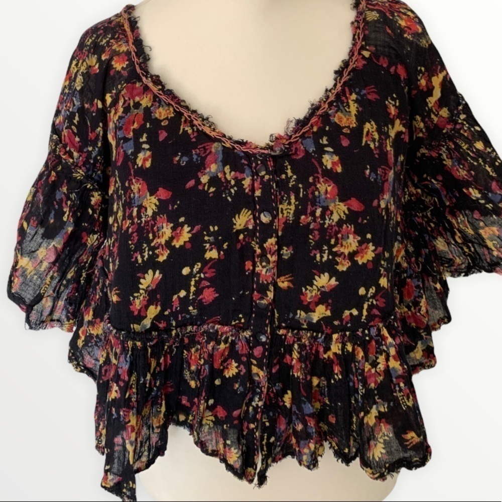 Free People Black Floral Peasant Blouse with Red and Yellow Accents